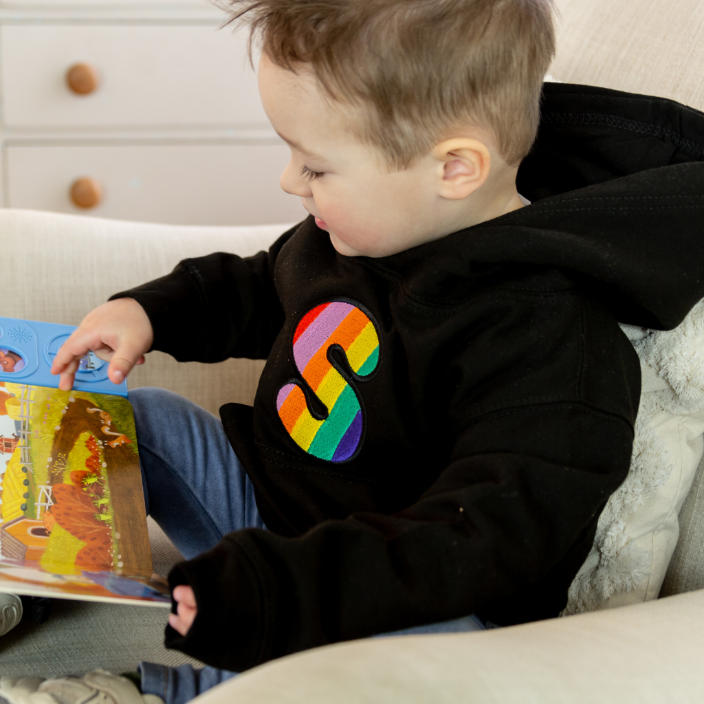 Kids Personalised Rainbow Embroidered Initial Black Hoodie