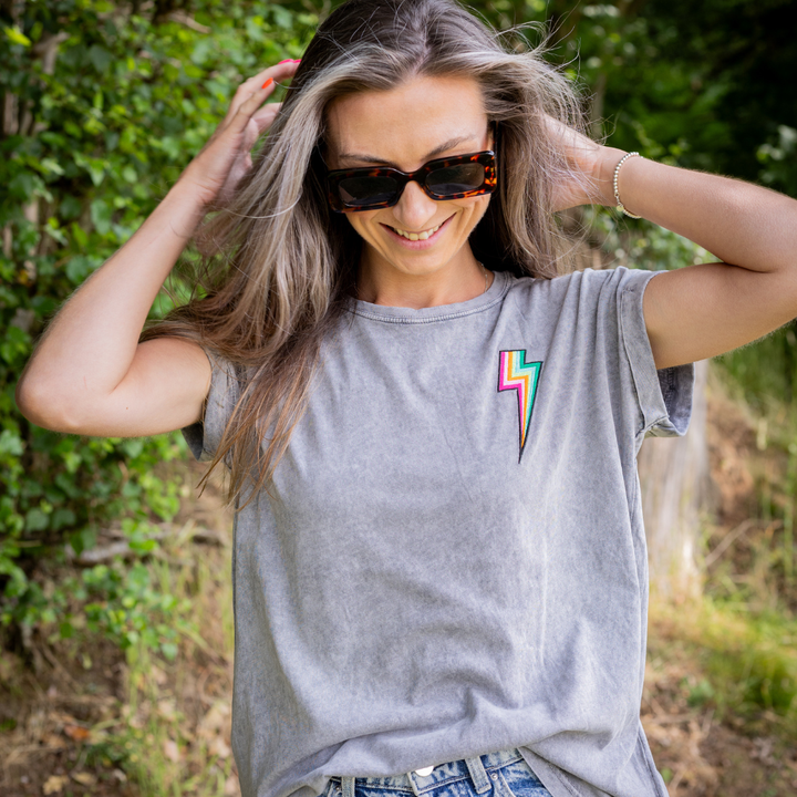 Acid Wash Grey T Shirt with Embroidered Bolt percyandnell